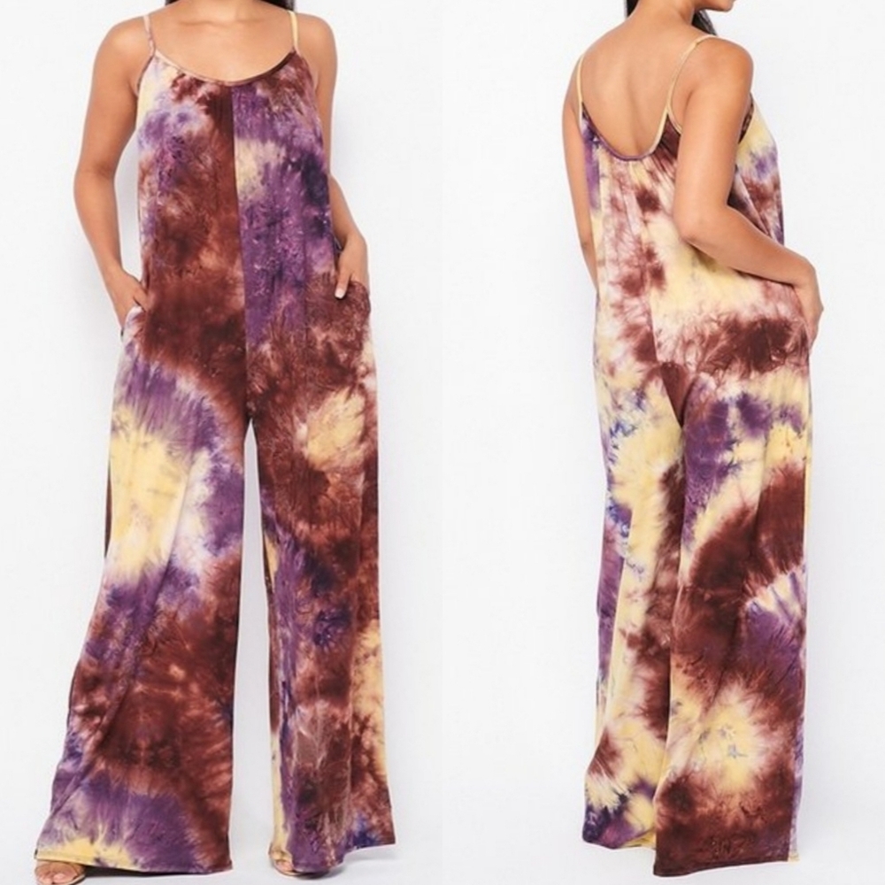 Purplepalooza Palazzo jumpsuit with hand pockets flowy wide leg purple multi - Picture 2 of 9